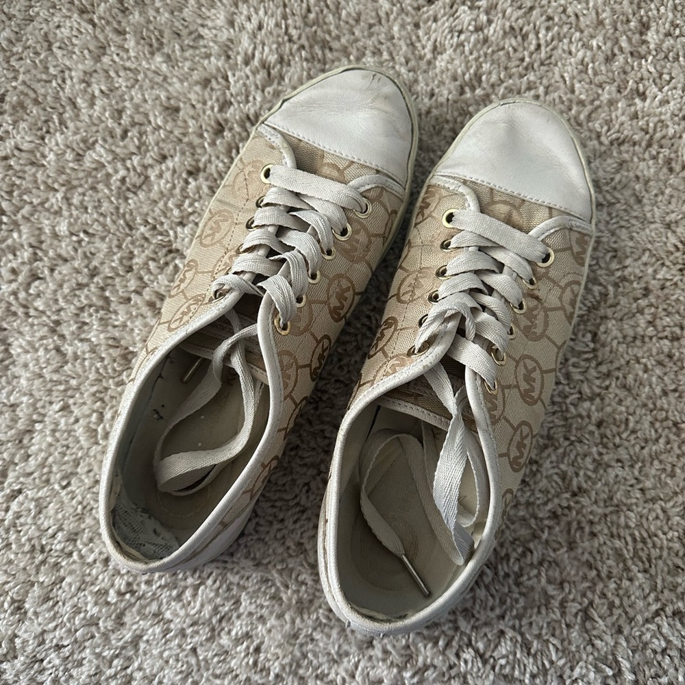 Michael Kors Pale Pink and Beige Canvas and Leather Sneakers